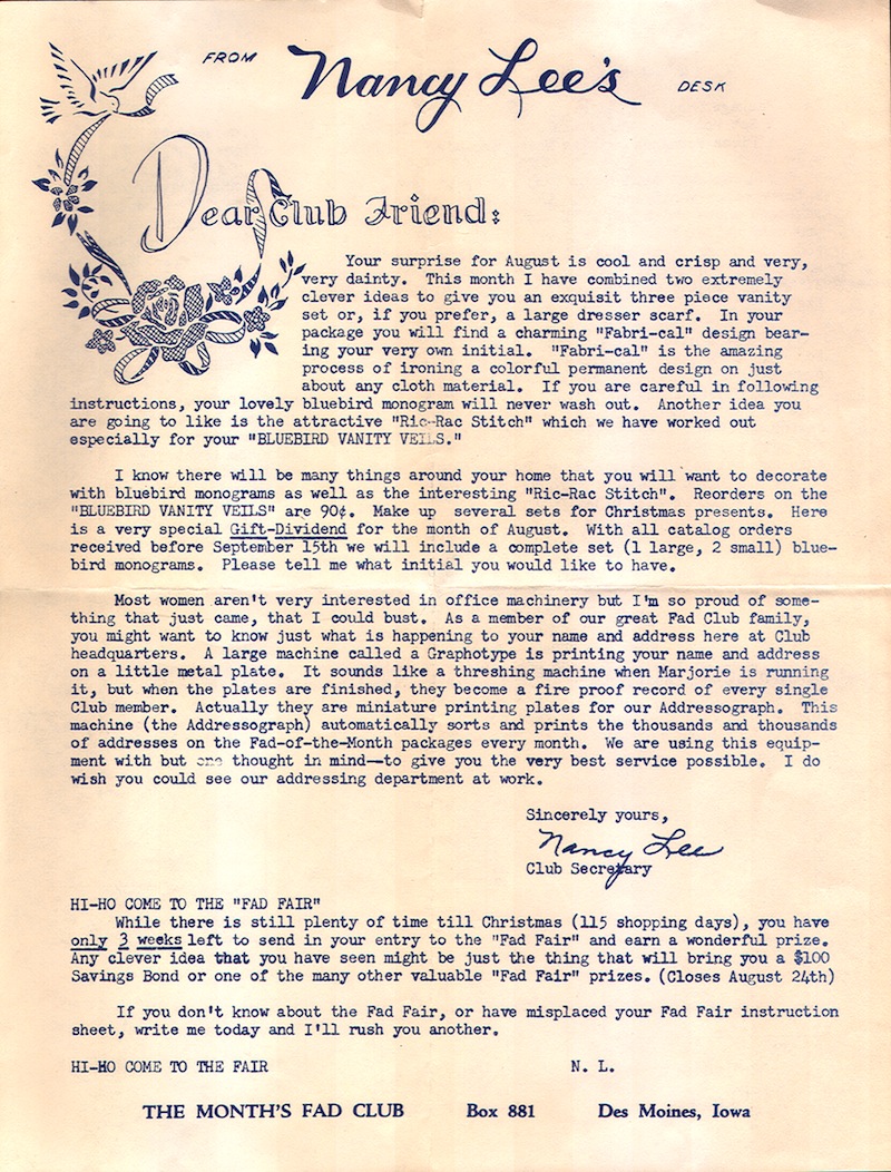 Bluebird Vanity Veils letter