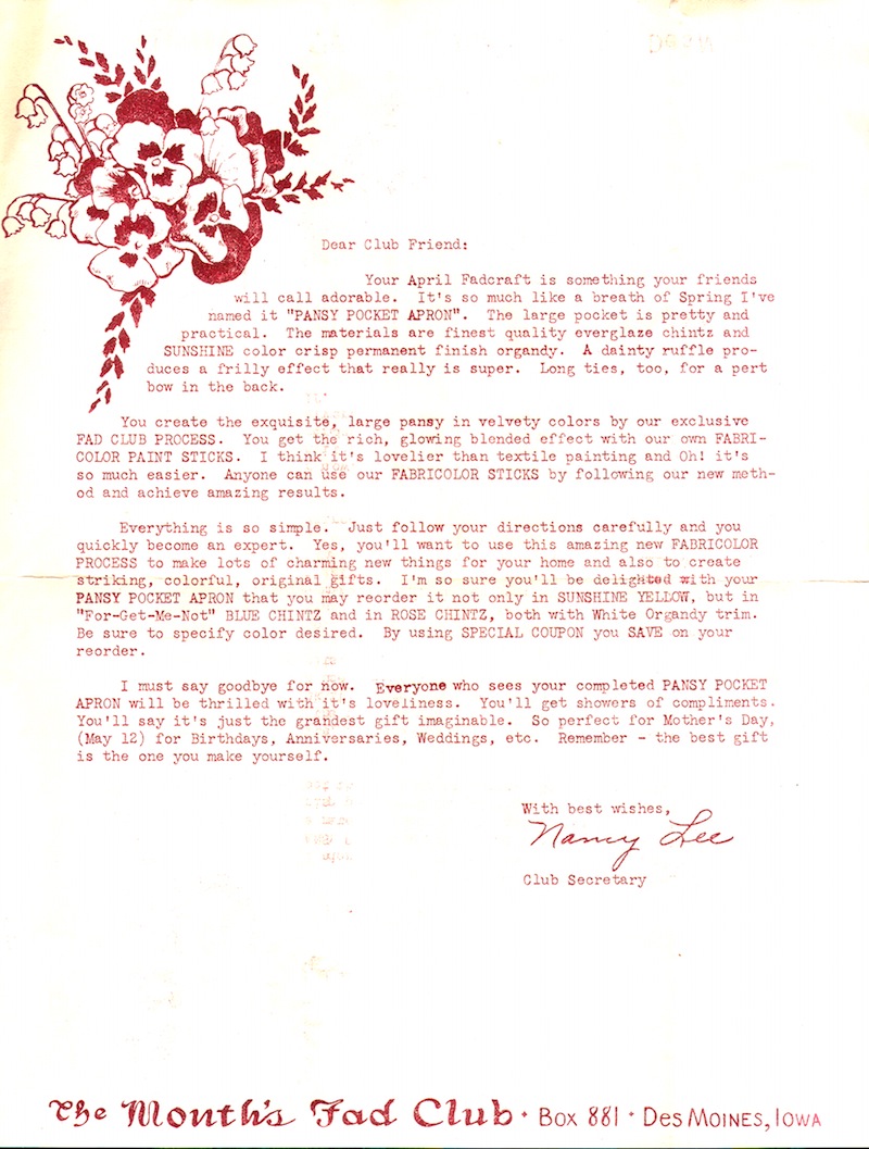 Pansy Pocket Apron letter